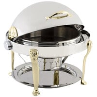 Bon Chef 18000 Elite Round 8 Qt. Dripless Round Stainless Steel with Brass Accents Roll Top Chafer with Lion Legs
