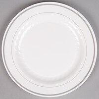 WNA Comet MP9WSLVR 9 inch White Masterpiece Plastic Plate with Silver Accent Bands - 120/Case