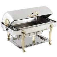 Bon Chef 18040 Elite Rectangle 8 Qt. Dripless Stainless Steel with Brass Accents Roll Top Chafer with Lion Legs