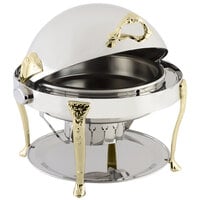 Bon Chef 17000 Elite Round 8 Qt. Dripless Round Stainless Steel with Brass Accents Roll Top Chafer with Renaissance Legs