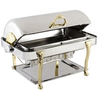 Bon Chef 17040 Elite Rectangle 8 Qt. Dripless Stainless Steel with Brass Accents Roll Top Chafer with Renaissance Legs