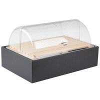 Vollrath Cubic 22 7/16 inch x 14 9/16 inch x 12 9/16 inch Black Bread Display Tray with Clear Lid and Planked Wood Cutting Board