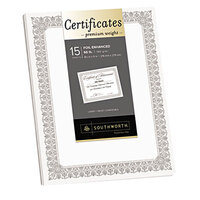 Southworth CTP1W Premium Certificates 8 1/2 inch x 11 inch White Pack of 66# Certificate Paper with Fleur Silver Foil Border - 15 Sheets