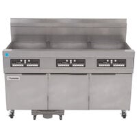 Frymaster 31814GF Natural Gas Oil Conserving 189 lb. 3 Unit Floor Fryer System with CM3.5 Controls and Filtration System - 345,000 BTU