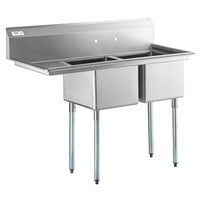 Regency 57 inch 16 Gauge Stainless Steel Two Compartment Commercial Sink with Galvanized Steel Legs and 1 Drainboard - 17 inch x 17 inch x 12 inch Bowls - Left Drainboard