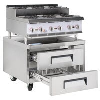 Cooking Performance Group 36RSURBNL 36 inch Gas Countertop Step-Up Range / Hot Plate with 36 inch, 2 Drawer Refrigerated Chef Base - 180,000 BTU