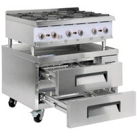 Cooking Performance Group 36RRBNL 6 Burner Gas Countertop Range / Hot Plate with 36", 2 Drawer Refrigerated Chef Base - 132,000 BTU