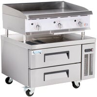 Cooking Performance Group 36GTRBNL 36" Heavy-Duty Gas Countertop Griddle with Flame Failure Protection, Thermostatic Controls, and 36", 2 Drawer Refrigerated Chef Base - 90,000 BTU