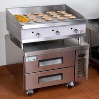 Cooking Performance Group 36GTRBNL 36 inch Heavy-Duty Gas Countertop Griddle with Flame Failure Protection, Thermostatic Controls, and 36 inch, 2 Drawer Refrigerated Chef Base - 90,000 BTU