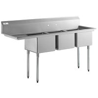 Regency 76 inch 16 Gauge Stainless Steel Three Compartment Sink with Galvanized Steel Legs and 1 Drainboard - 17 inch x 17 inch x 12 inch Bowls - Left Drainboard