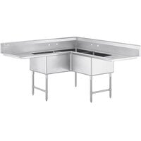 Regency 74 1/2 inch 16 Gauge Stainless Steel Three Compartment Commercial Corner Sink with Two Drainboards - 24 inch x 24 inch x 14 inch Bowls