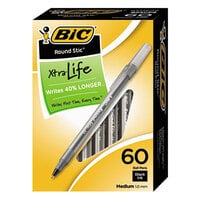 Bic GSM609BK Round Stic Xtra Comfort Black Ink with Translucent Barrel 1mm Medium Point Ballpoint Stick Pen - 60/Box