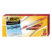 Bic GSFG11RD Round Stic Grip Xtra Comfort Red Ink with Translucent Barrel 0.8mm Fine Ballpoint Stick Pen - 12/Pack