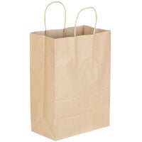 Small 9 5/8 inch x 5 1/4 inch x 13 3/8 inch Natural Kraft Shopping Bag with Handles - 250/Bundle