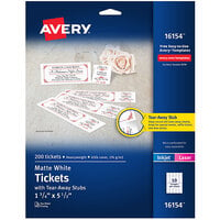 Avery® 16154 1 3/4 inch x 5 1/2 inch Matte White Printable Tickets with Tear-Away Stubs - 20/Pack