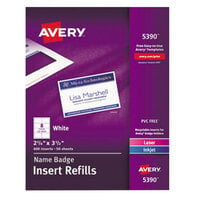 Avery® 5390 2 1/4 inch x 3 1/2 inch White Badge Holder Laser / Inkjet Insert Refills - 400/Box