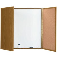 Aarco OP-48 48 inch x 48 inch Enclosed Oak Laminate White Markerboard / Cork Bulletin Planning Board