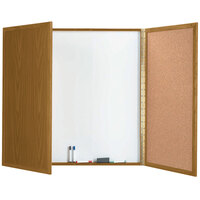 Aarco OP-40 40 inch x 40 inch Enclosed Oak Laminate White Markerboard / Cork Bulletin Planning Board