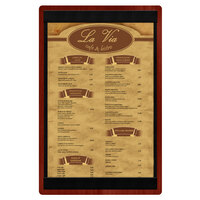 Menu Solutions WDSTR-A Mahogany 5 1/2" x 8 1/2" Customizable Wood Menu Board with Top and Bottom Strips