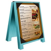 Menu Solutions WDSD-PIX-A 4" x 6" Sky Blue Wood Sandwich Menu Board Tent with Picture Corners