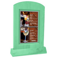 Menu Solutions WTARCH-A-2S 4" x 6" Washed Teal Arched Wood Menu Tent with Angled Base