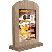 Menu Solutions WTARCH-B 5" x 7" Weathered Walnut Arched Wood Menu Tent with Straight Base