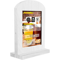 Menu Solutions WTARCH-B 5" x 7" White Wash Arched Wood Menu Tent with Straight Base