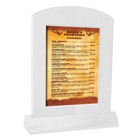 Menu Solutions WTARCH-B-2S 5" x 7" White Wash Arched Wood Menu Tent with Angled Base