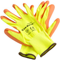 Cor-Brite Hi-Vis Yellow Polyester Gloves with Hi-Vis Orange Polyurethane Palm Coating - Large - Pair - 12/Pack