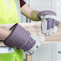 Striped Canvas Work Gloves with Shoulder Leather Palm Coating and 4 1/2 inch Rubber Cuffs - Extra Large