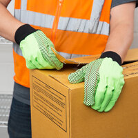 Hi-Vis Lime Cotton Double Palm Grip Gloves with Black PVC Dotted Palm Coating - Large - Pair - 12/Pack