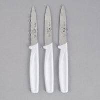 Choice 3 1/4 inch Paring Knife Set with 1 Serrated and 2 Smooth Edge Knives with White Handles
