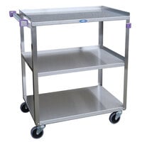Lakeside 444A Medium-Duty Stainless Steel Three Shelf Utility Cart with Purple Handle and Leg Bumpers - 22 3/8 inch x 39 1/4 inch x 37 1/4 inch