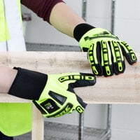 OGRE Hi-Vis Lime Spandex Gloves with Orange Synthetic Leather Palm, Silicone Grip, and TRP Reinforcements - Large - Pair