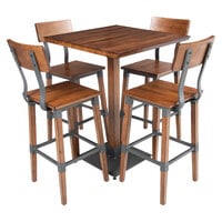Lancaster Table & Seating Industrial 30" Square Antique Walnut Solid Wood Live Edge Bar Height Table with 4 Bar Stools