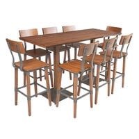 Lancaster Table & Seating Industrial 30" x 72" Antique Walnut Solid Wood Live Edge Bar Height Table with 8 Bar Stools