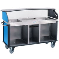 Lakeside 68220BL Serv 'N Express Stainless Steel Vending Cart with 3 Counter Wells and Royal Blue Laminate Finish - 28 1/4 inch x 77 1/4 inch x 52 1/2 inch