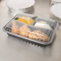 Choice 32 oz. Black 9 3/4 inch x 7 1/4 inch x 2 inch 3-Compartment Rectangular Microwavable Heavy Weight Container with Lid - 10/Pack