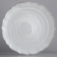 The Jay Companies 1470404 13 inch Round White Scalloped Edge Alabaster Glass Charger Plate with Silver Rim