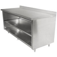 Advance Tabco EK-SS-367M 36" x 84" 14 Gauge Open Front Cabinet Base Work Table with Fixed Midshelf and 5" Backsplash