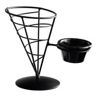 Tablecraft ACR57 Vertigo Round Black Appetizer Wire Cone Basket with 1 Ramekin - 5" x 7"