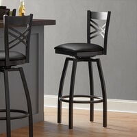 Lancaster Table & Seating Cross Back Bar Height Black Swivel Chair with Black Vinyl Seat