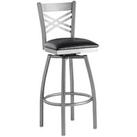 Lancaster Table & Seating Clear Coat Finish Cross Back Swivel Bar Stool with 2 1/2 inch Black Vinyl Padded Seat