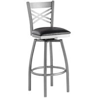 Lancaster Table & Seating Clear Coat Finish Cross Back Swivel Bar Stool with 2 1/2" Black Vinyl Padded Seat