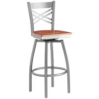 Lancaster Table & Seating Clear Coat Finish Cross Back Swivel Bar Stool with Cherry Wood Seat