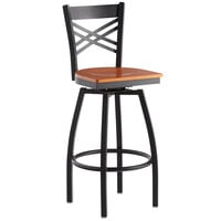 Lancaster Table & Seating Black Finish Cross Back Swivel Bar Stool with Cherry Wood Seat