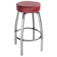 Lancaster Table & Seating Clear Coat Backless Barstool with Crimson Swivel Upholstered Seat