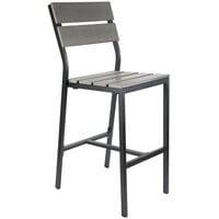 BFM Seating PH202BGRTK-BL Seaside Black Aluminum Outdoor / Indoor Side Bar Height Chair with Gray Synthetic Teak Back and Seat
