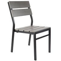 BFM Seating PH202CGRTK-BL Seaside Black Stackable Aluminum Outdoor / Indoor Side Chair with Gray Synthetic Teak Back and Seat
