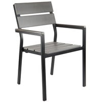 BFM Seating Seaside Black Stackable Aluminum Outdoor / Indoor Armchair with Gray Synthetic Teak Back and Seat